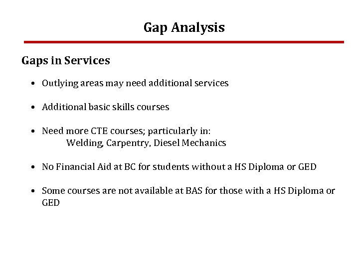 Gap Analysis Gaps in Services • Outlying areas may need additional services • Additional