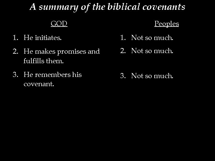 A summary of the biblical covenants GOD Peoples 1. He initiates. 1. Not so