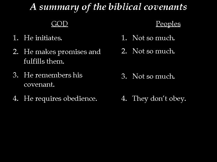 A summary of the biblical covenants GOD Peoples 1. He initiates. 1. Not so