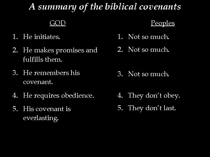 A summary of the biblical covenants GOD Peoples 1. He initiates. 1. Not so