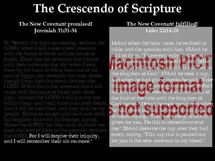 The Crescendo of Scripture The New Covenant promised! Jeremiah 31: 31 -34 The New