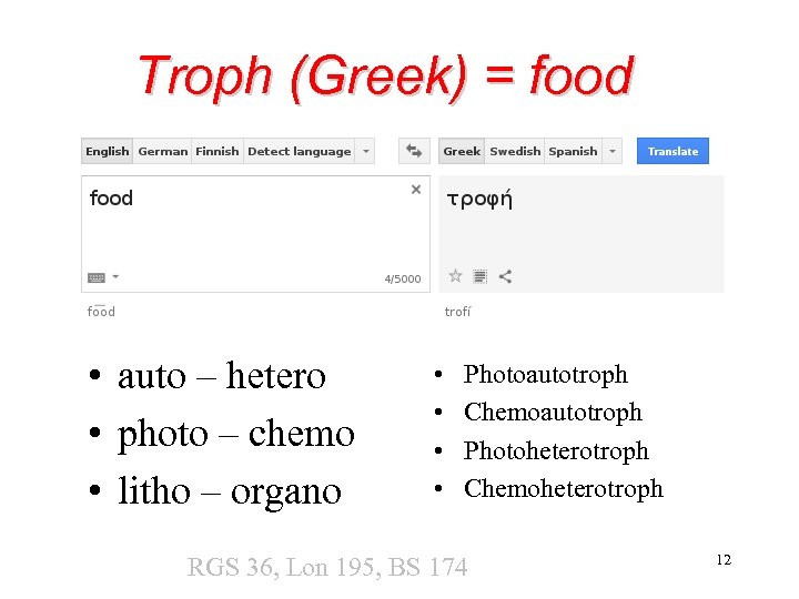 Troph (Greek) = food • auto – hetero • photo – chemo • litho