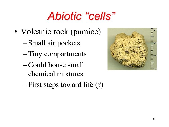 Abiotic “cells” • Volcanic rock (pumice) – Small air pockets – Tiny compartments –