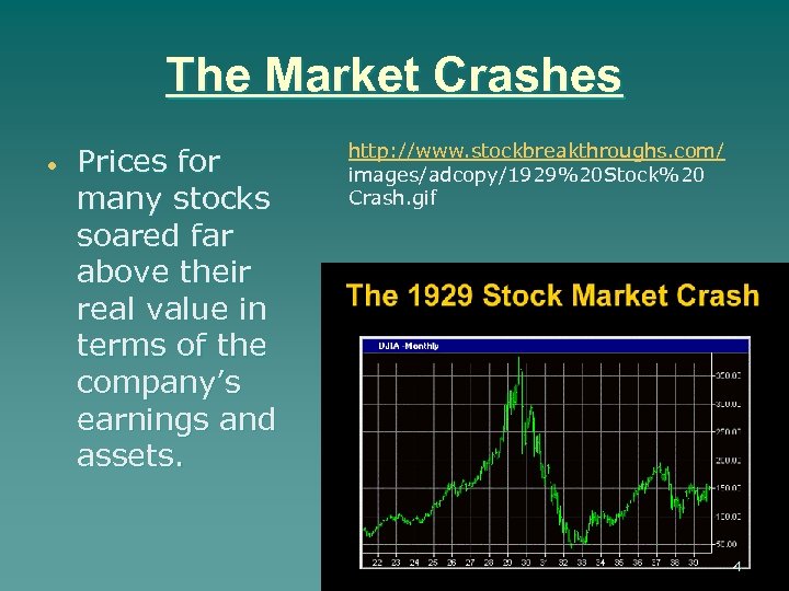 The Market Crashes Prices for many stocks soared far above their real value in