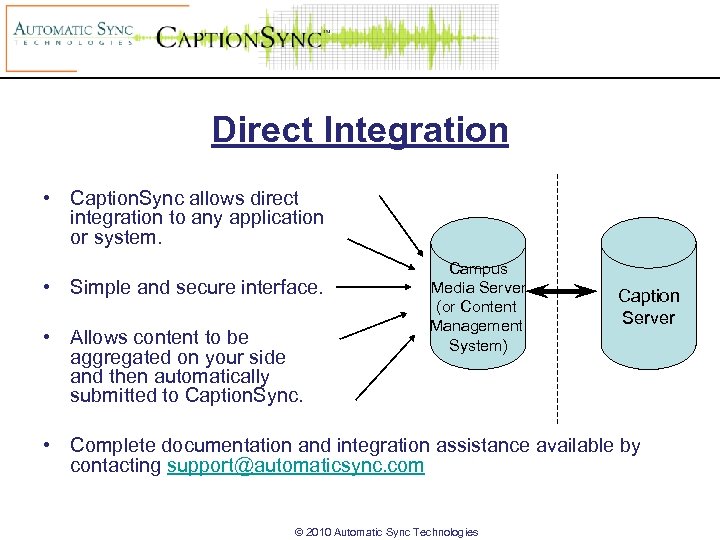 Direct Integration • Caption. Sync allows direct integration to any application or system. •