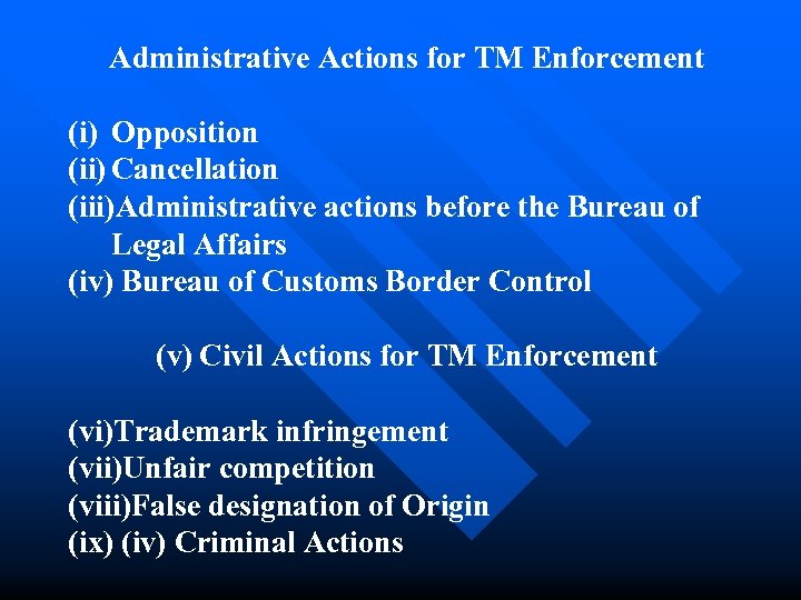 Administrative Actions for TM Enforcement (i) Opposition (ii) Cancellation (iii)Administrative actions before the Bureau