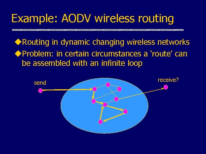 Example: AODV wireless routing u. Routing in dynamic changing wireless networks u. Problem: in