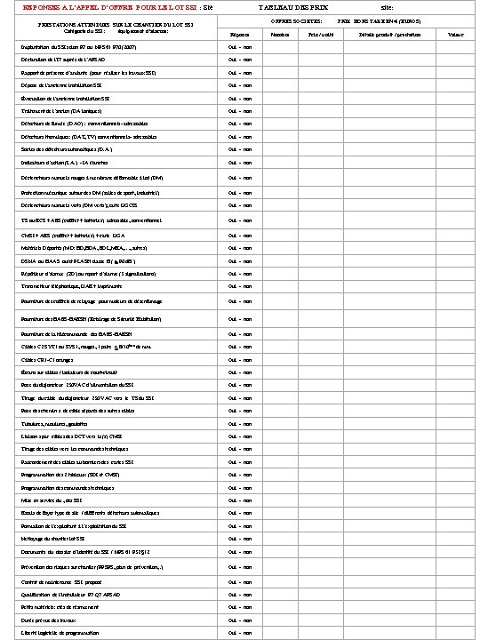  REPONSES A L’APPEL D’OFFRE POUR LE LOT SSI : Sté TABLEAU DES PRIX