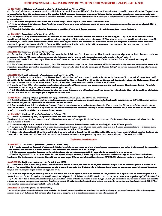 EXIGENCES SSI selon l’ARRETE DU 25 JUIN 1980 MODIFIE : extraits sur le SSI