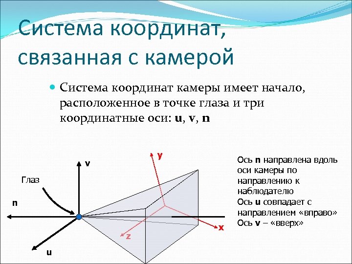 Система координат, связанная с камерой Система координат камеры имеет начало, расположенное в точке глаза