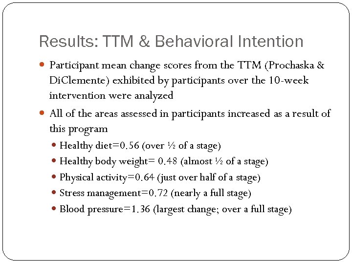 Results: TTM & Behavioral Intention Participant mean change scores from the TTM (Prochaska &