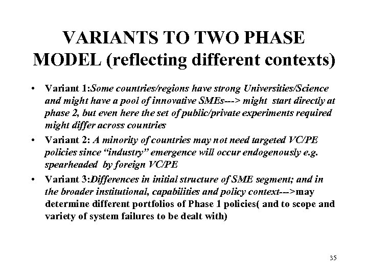 VARIANTS TO TWO PHASE MODEL (reflecting different contexts) • Variant 1: Some countries/regions have