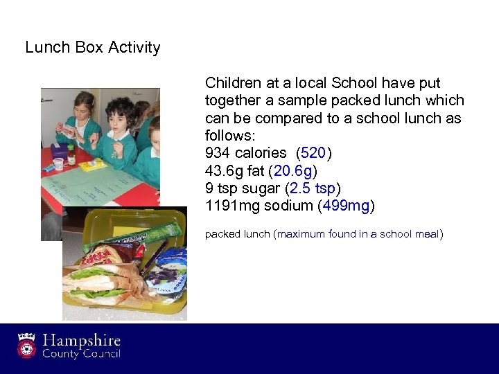 Lunch Box Activity Children at a local School have put together a sample packed