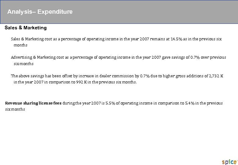PRIVATE & CONFIDENTIAL Analysis– Expenditure Sales & Marketing cost as a percentage of operating