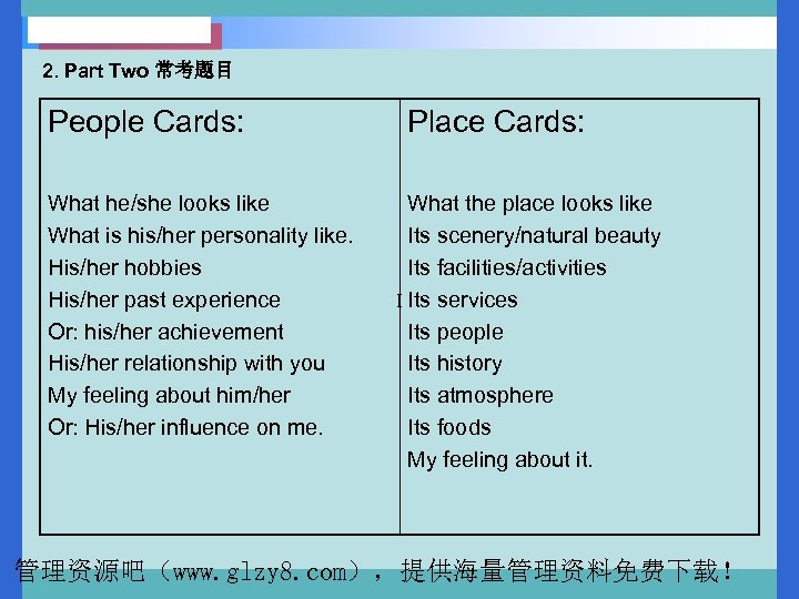 2. Part Two 常考题目 People Cards: What he/she looks like What is his/her personality