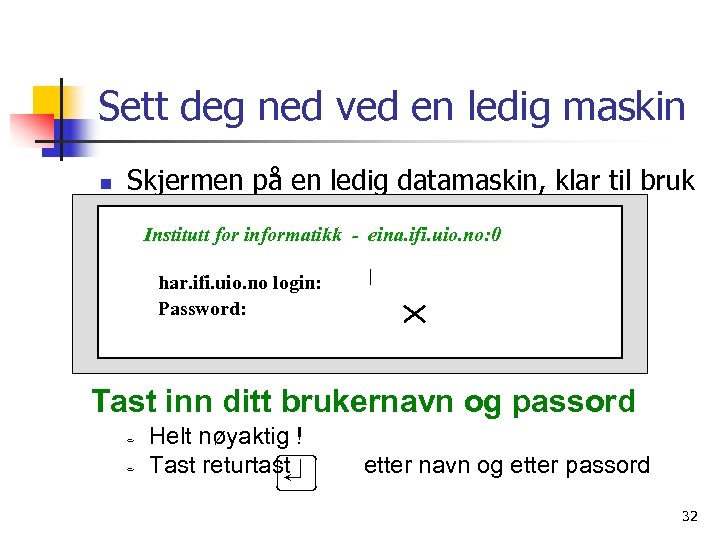 Sett deg ned ved en ledig maskin n Skjermen på en ledig datamaskin, klar