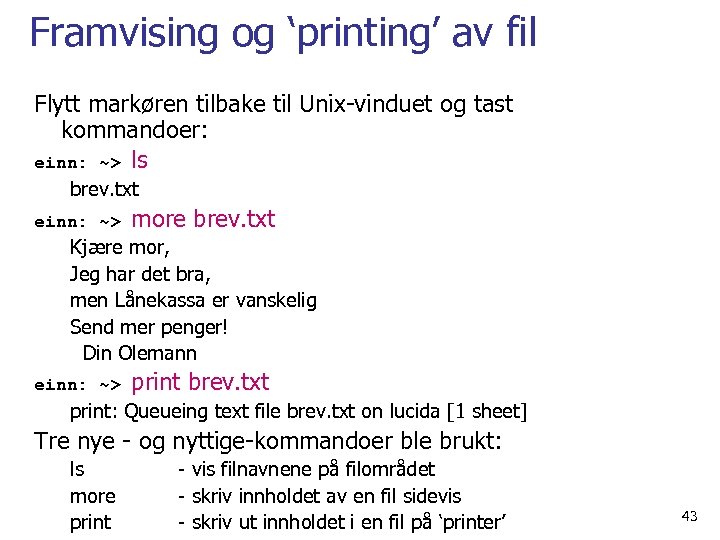 Framvising og ‘printing’ av fil Flytt markøren tilbake til Unix-vinduet og tast kommandoer: einn: