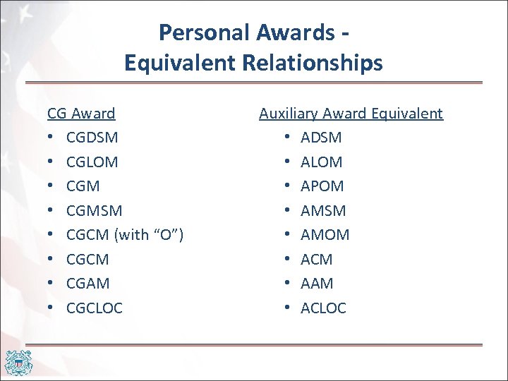 Personal Awards Equivalent Relationships CG Award • CGDSM • CGLOM • CGMSM • CGCM