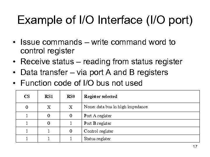 Example of I/O Interface (I/O port) • Issue commands – write command word to