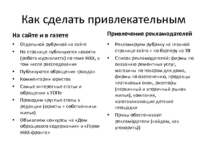 Как сделать привлекательным На сайте и в газете • • Отдельной рубрикой на сайте