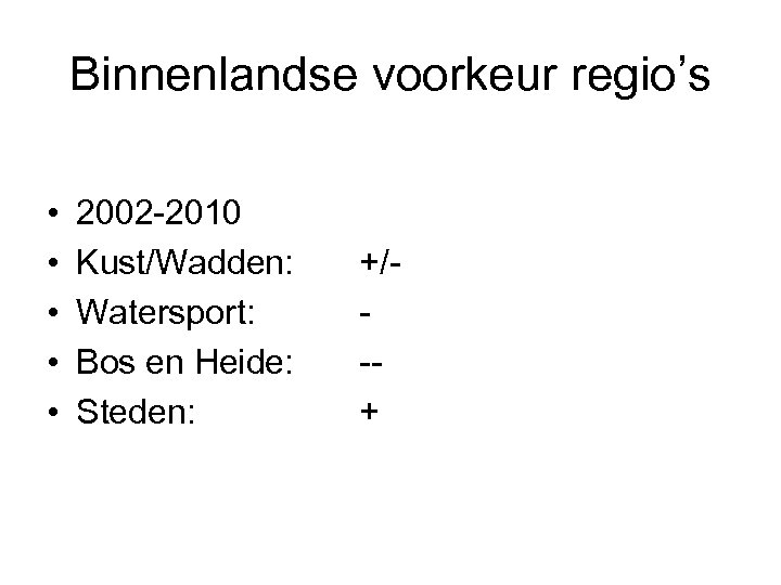 Binnenlandse voorkeur regio’s • • • 2002 -2010 Kust/Wadden: Watersport: Bos en Heide: Steden: