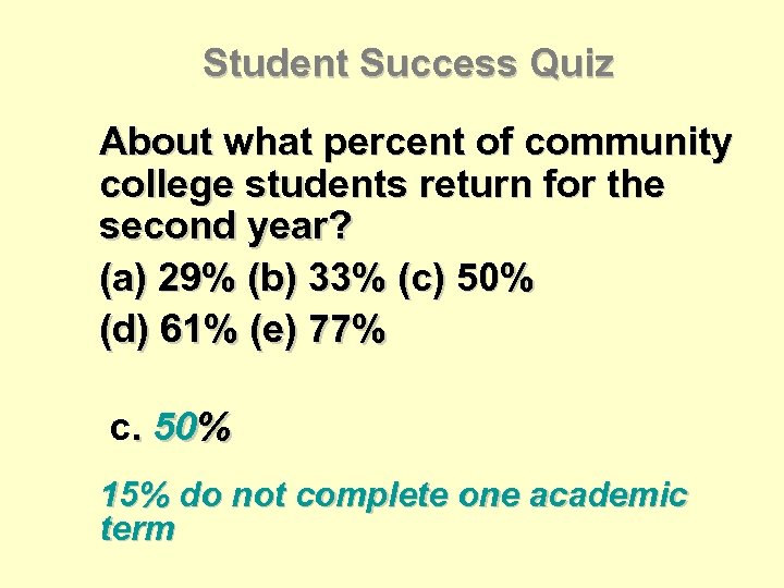 Student Success Quiz About what percent of community college students return for the second
