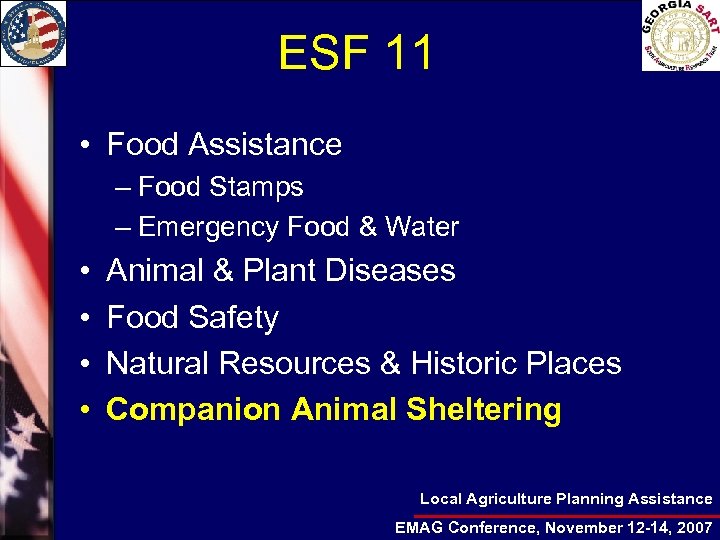 ESF 11 • Food Assistance – Food Stamps – Emergency Food & Water •