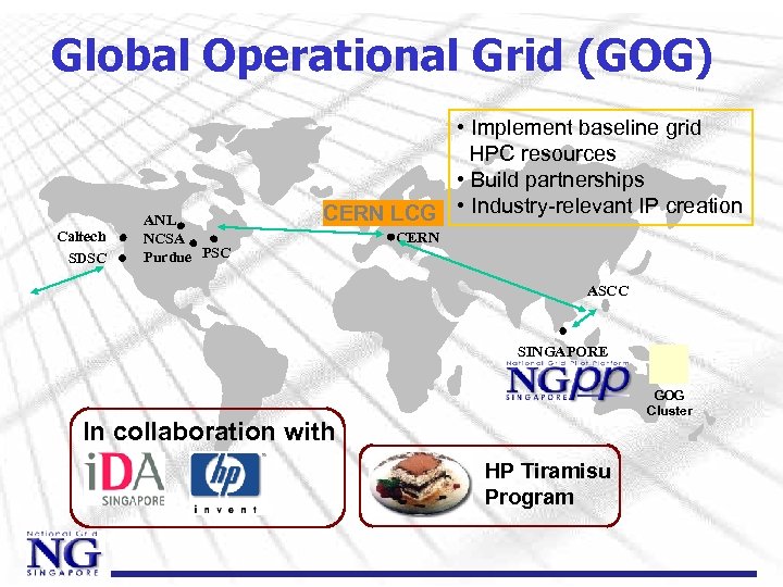 Global Operational Grid (GOG) Caltech SDSC ANL NCSA Purdue PSC • Implement baseline grid