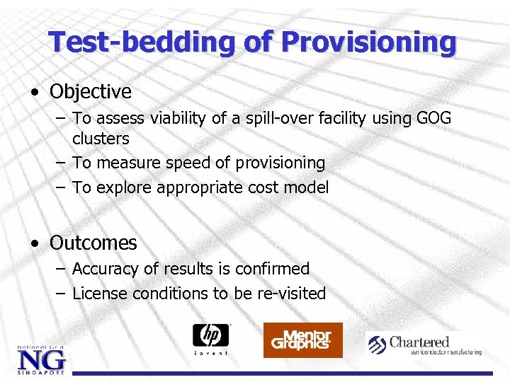 Test-bedding of Provisioning • Objective – To assess viability of a spill-over facility using