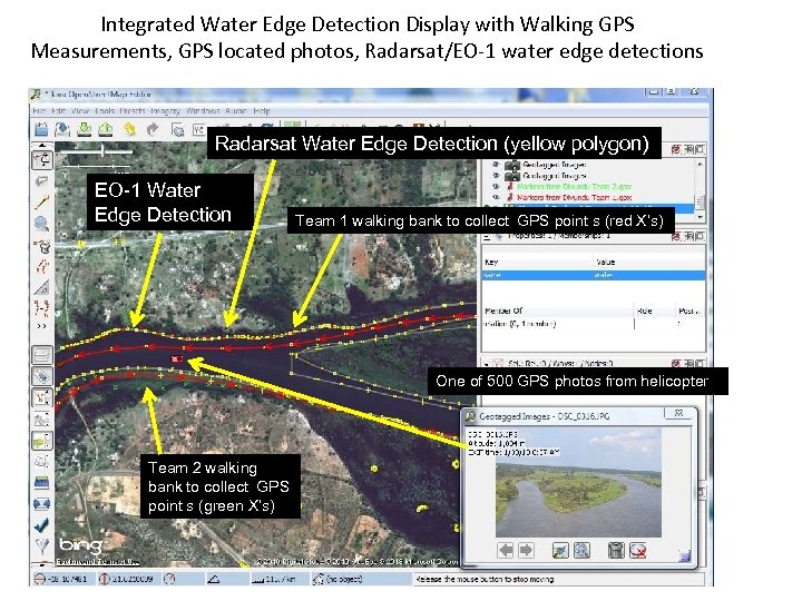 Integrated Water Edge Detection Display with Walking GPS Measurements, GPS located photos, Radarsat/EO-1 water