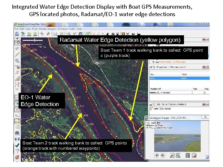 Integrated Water Edge Detection Display with Boat GPS Measurements, GPS located photos, Radarsat/EO-1 water