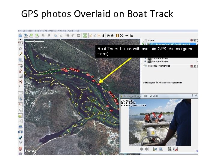 GPS photos Overlaid on Boat Track Boat Team 1 track with overlaid GPS photos