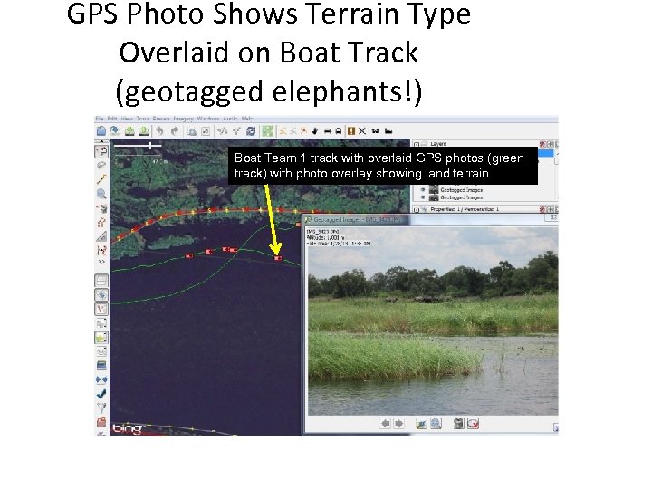 GPS Photo Shows Terrain Type Overlaid on Boat Track (geotagged elephants!) Boat Team 1