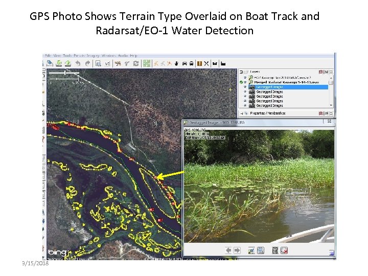 GPS Photo Shows Terrain Type Overlaid on Boat Track and Radarsat/EO-1 Water Detection 3/15/2018