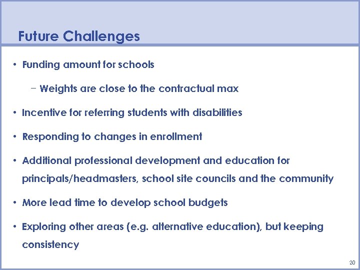Future Challenges • Funding amount for schools − Weights are close to the contractual