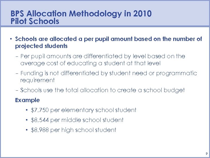 BPS Allocation Methodology in 2010 Pilot Schools • Schools are allocated a per pupil