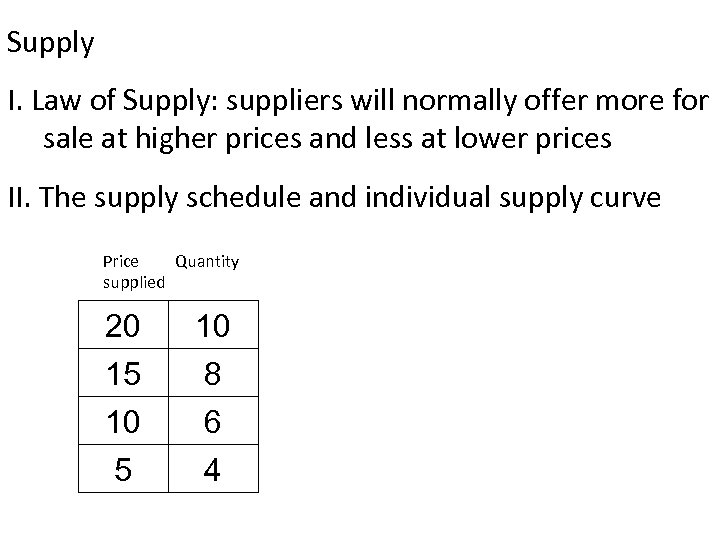 Supply I. Law of Supply: suppliers will normally offer more for sale at higher