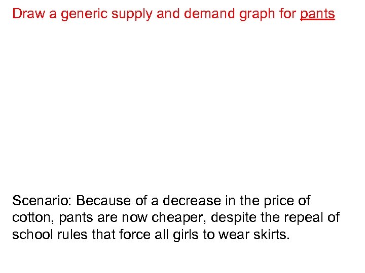 Draw a generic supply and demand graph for pants Scenario: Because of a decrease