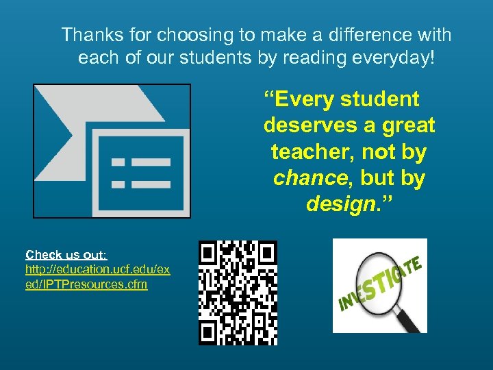 Thanks for choosing to make a difference with each of our students by reading