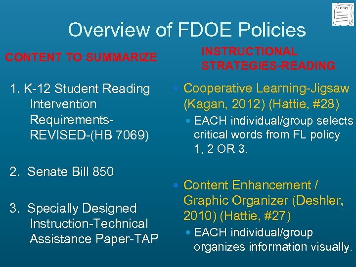 Overview of FDOE Policies CONTENT TO SUMMARIZE 1. K-12 Student Reading Intervention Requirements. REVISED-(HB