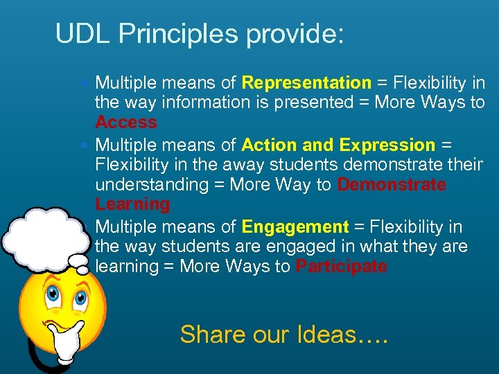 UDL Principles provide: Multiple means of Representation = Flexibility in the way information is
