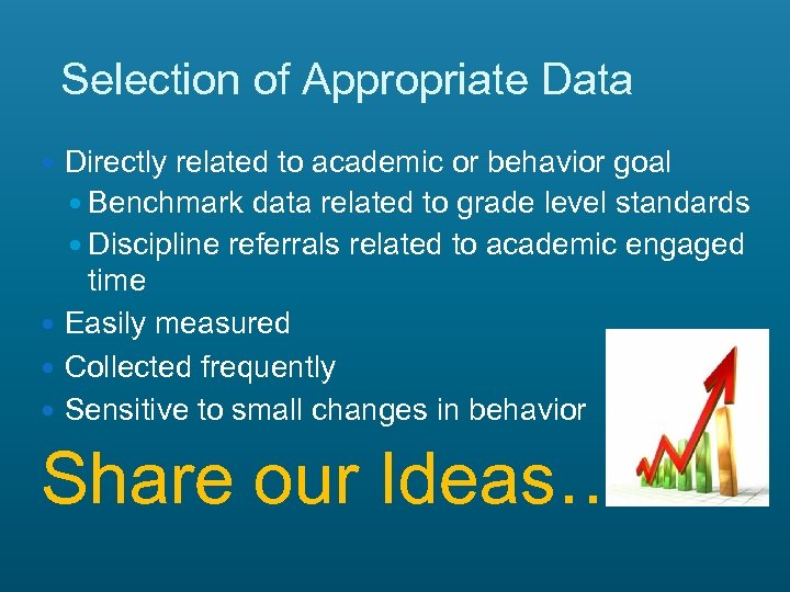 Selection of Appropriate Data Directly related to academic or behavior goal Benchmark data related