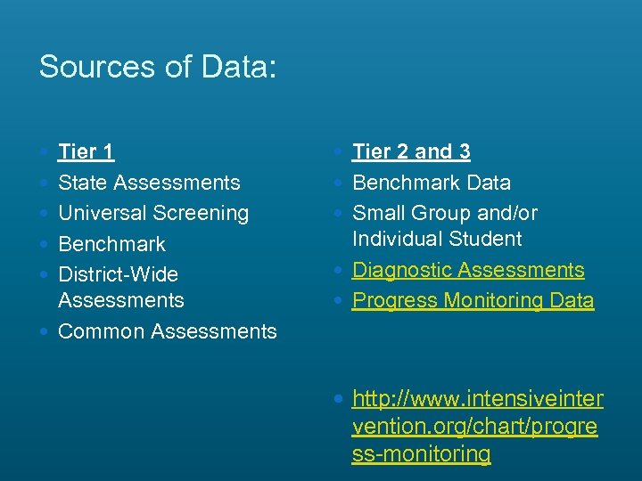 Sources of Data: Tier 1 Tier 2 and 3 State Assessments Benchmark Data Universal
