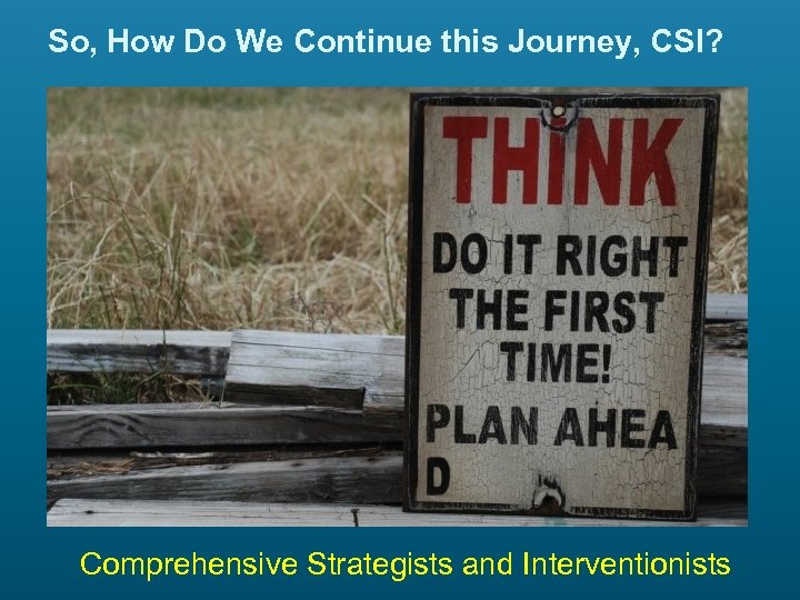 So, How Do We Continue this Journey, CSI? Comprehensive Strategists and Interventionists 
