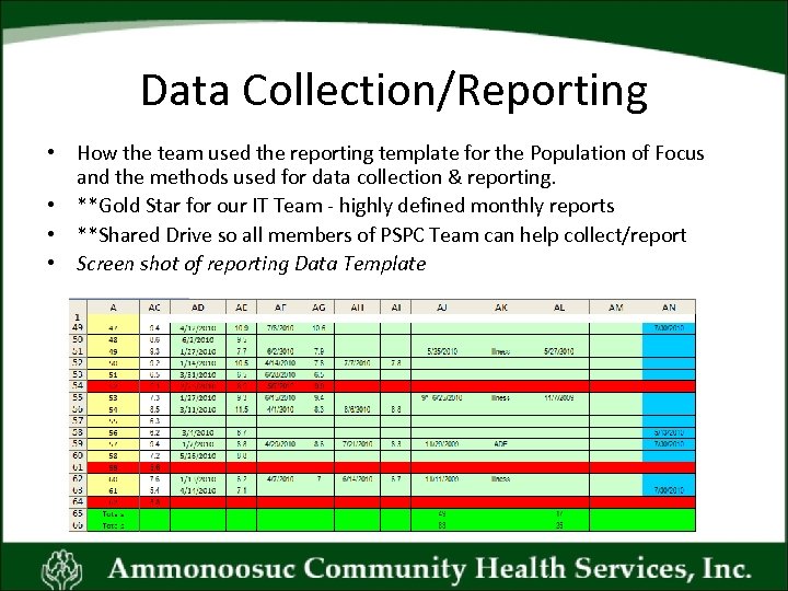 Data Collection/Reporting • How the team used the reporting template for the Population of