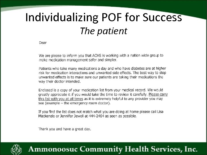 Individualizing POF for Success The patient 