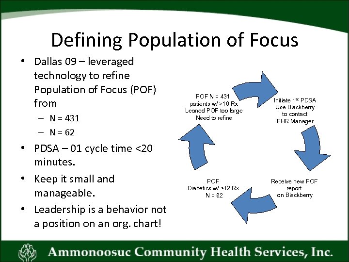 Defining Population of Focus • Dallas 09 – leveraged technology to refine Population of