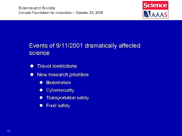Science and Society Canada Foundation for Innovation – October 24, 2006 Events of 9/11/2001