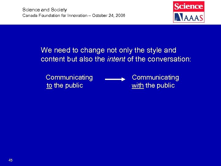 Science and Society Canada Foundation for Innovation – October 24, 2006 We need to