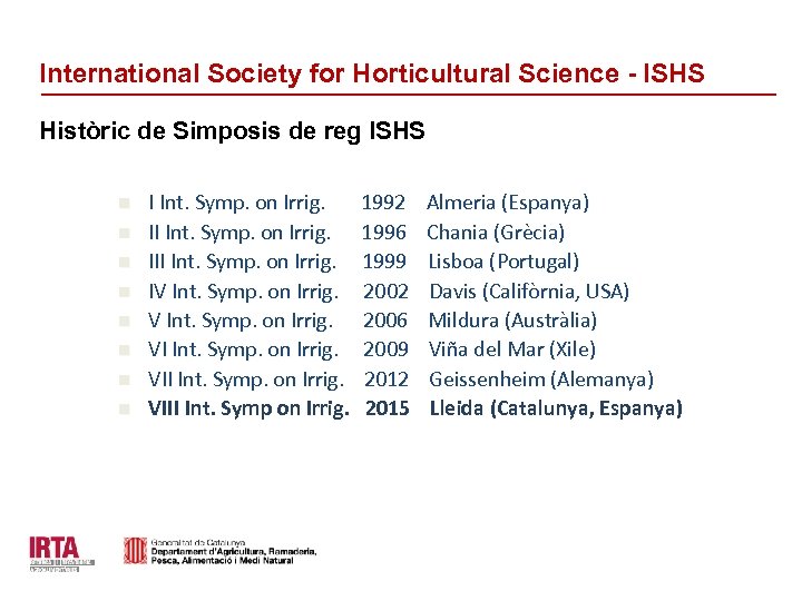 International Society for Horticultural Science - ISHS Històric de Simposis de reg ISHS n